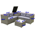 Ensemble de canapé d'extérieur 4 pièces en rotin tressé gris avec coffre de rangement - 47,2 x 25,6 x 25,6