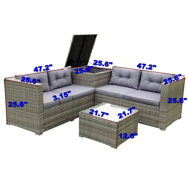 Ensemble de canapé d'extérieur 4 pièces en rotin tressé gris avec coffre de rangement - 47,2 x 25,6 x 25,6