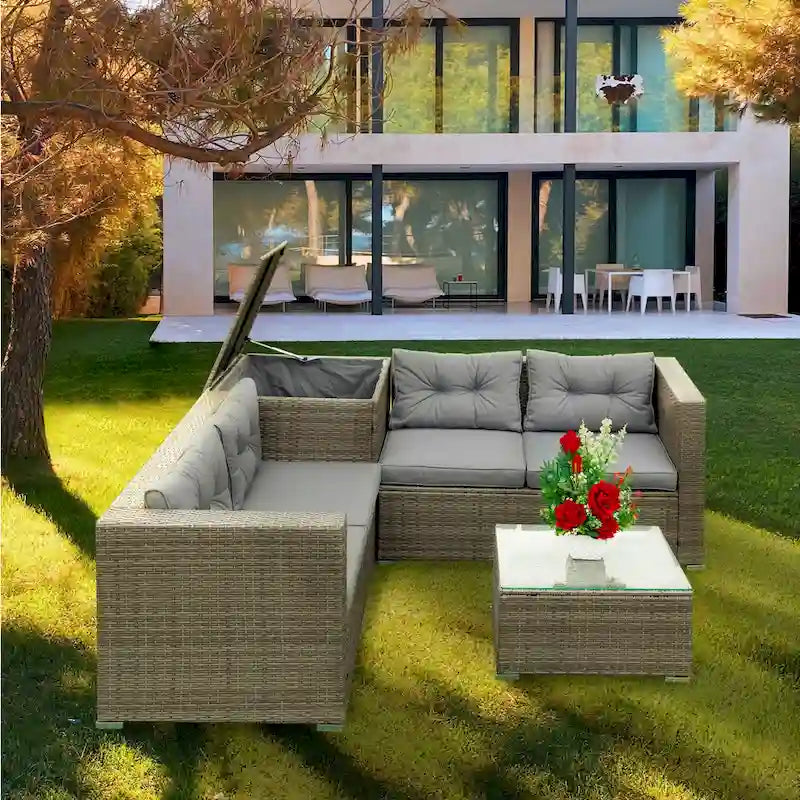 Ensemble de canapé d'extérieur 4 pièces en rotin tressé gris avec coffre de rangement - 47,2 x 25,6 x 25,6