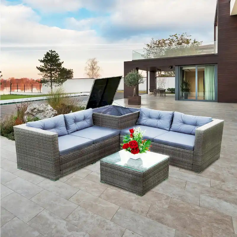 Ensemble de canapé d'extérieur 4 pièces en rotin tressé gris avec coffre de rangement - 47,2 x 25,6 x 25,6