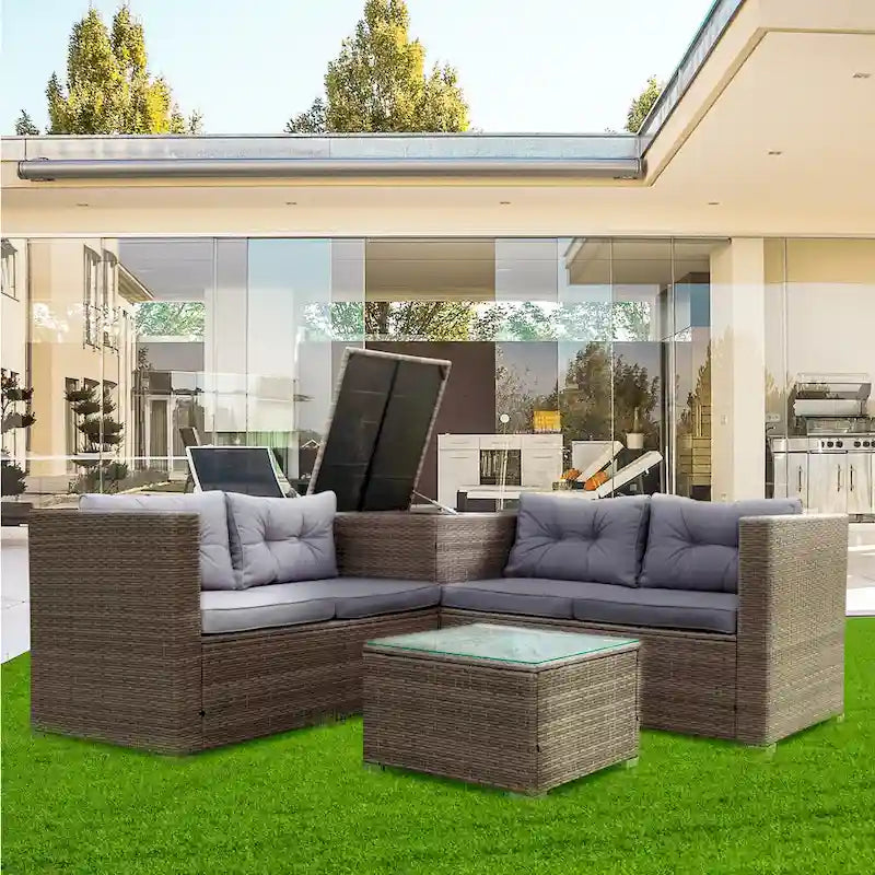Ensemble de canapé d'extérieur 4 pièces en rotin tressé gris avec coffre de rangement - 47,2 x 25,6 x 25,6