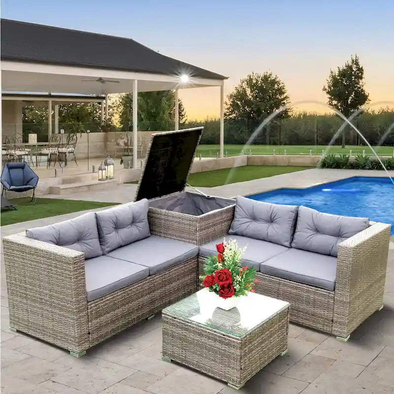 Ensemble de canapé d'extérieur 4 pièces en rotin tressé gris avec coffre de rangement - 47,2 x 25,6 x 25,6