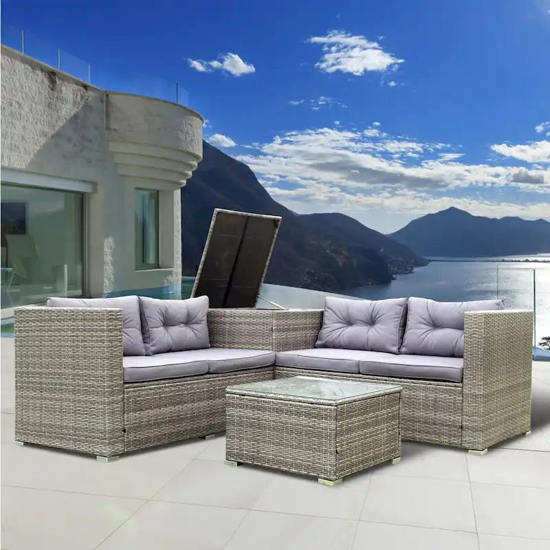 Ensemble de canapé d'extérieur 4 pièces en rotin tressé gris avec coffre de rangement - 47,2 x 25,6 x 25,6