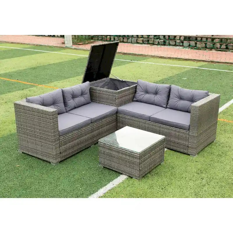 Ensemble de canapé d'extérieur 4 pièces en rotin tressé gris avec coffre de rangement - 47,2 x 25,6 x 25,6