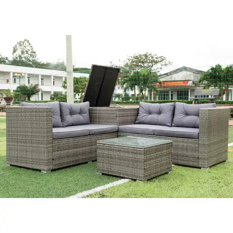 Ensemble de canapé d'extérieur 4 pièces en rotin tressé gris avec coffre de rangement - 47,2 x 25,6 x 25,6