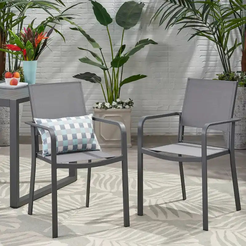 Chaises de salle à manger d'extérieur modernes en aluminium avec assise en maille (lot de 2), gris anthracite et gris foncé