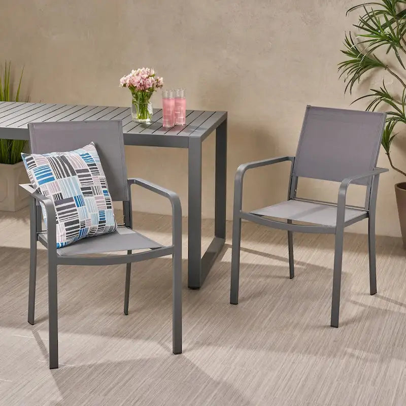 Chaises de salle à manger d'extérieur modernes en aluminium avec assise en maille (lot de 2), gris anthracite et gris foncé