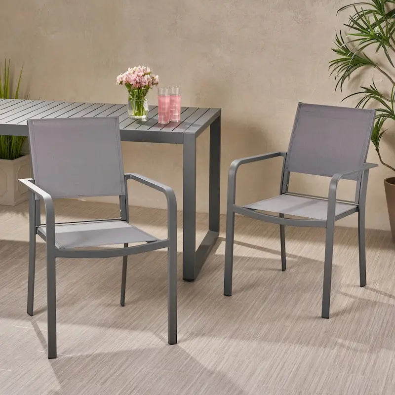 Chaises de salle à manger d'extérieur modernes en aluminium avec assise en maille (lot de 2), gris anthracite et gris foncé