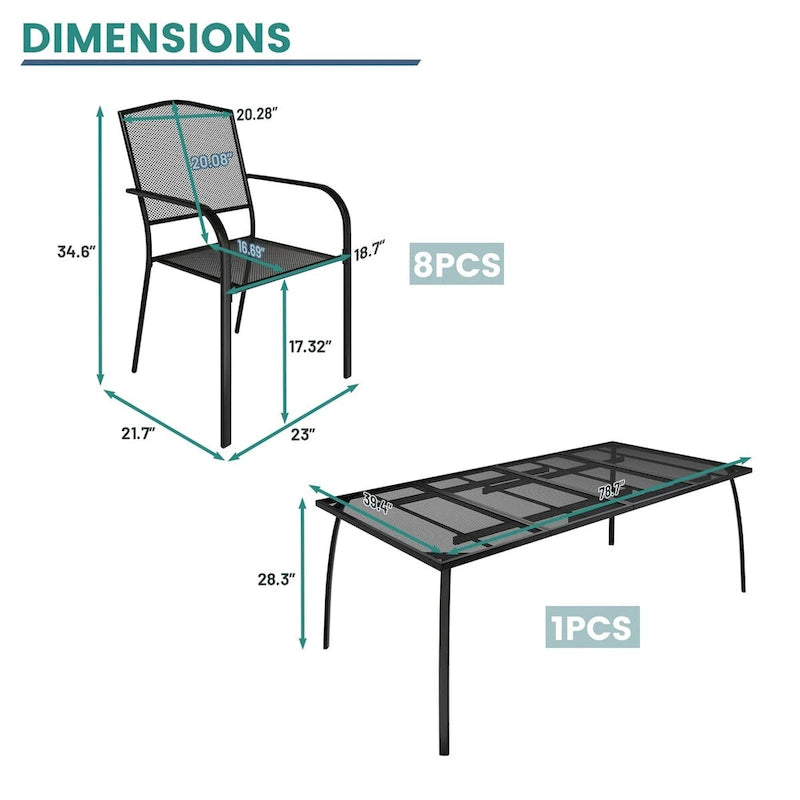 Table rectangulaire en treillis de fer avec chaise (ensemble de 9)