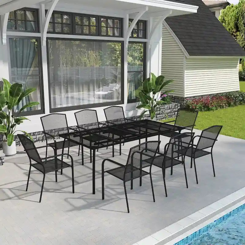Table rectangulaire en treillis de fer avec chaise (ensemble de 9)