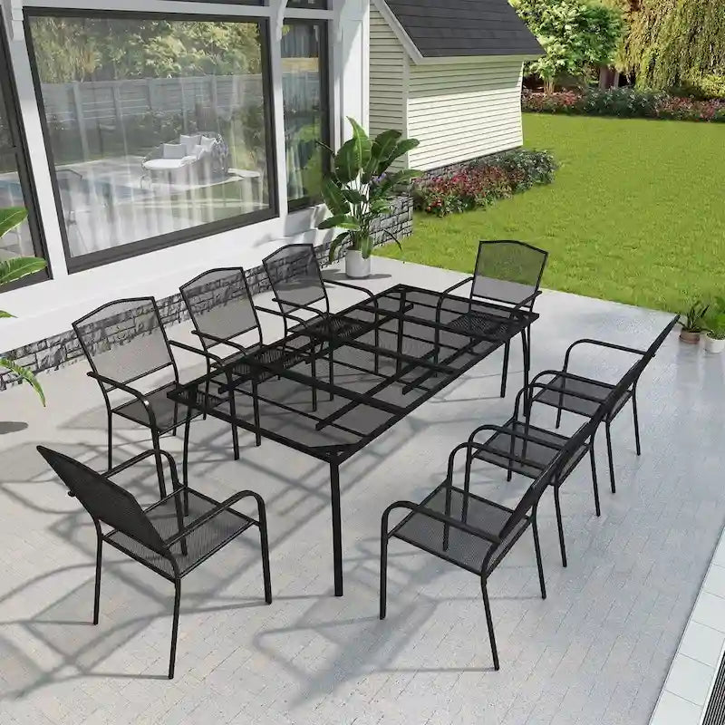 Table rectangulaire en treillis de fer avec chaise (ensemble de 9)