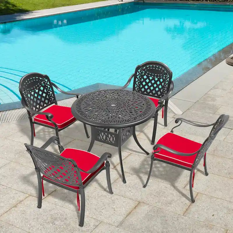 Ensemble de salle à manger d'extérieur 3 ou 5 pièces en fonte d'aluminium avec table ronde de 90 cm et coussins de siège de couleur aléatoire