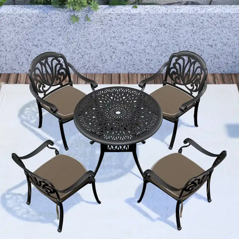 Ensemble de salle à manger d'extérieur 3 ou 5 pièces en fonte d'aluminium avec table ronde de 90 cm et coussins de siège de couleur aléatoire