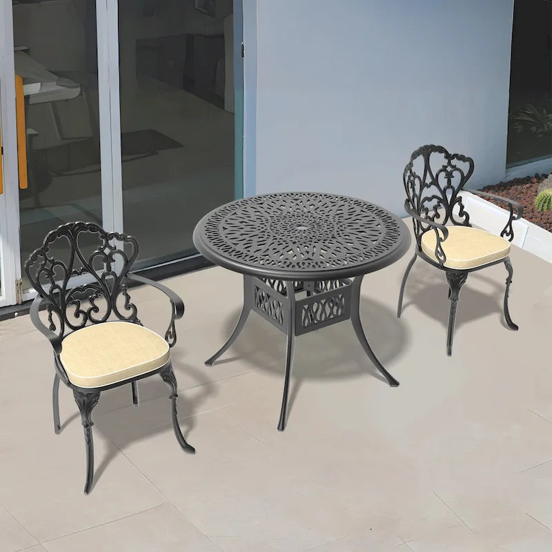 Ensemble de salle à manger d'extérieur 3 ou 5 pièces en fonte d'aluminium avec table ronde de 90 cm et coussins de siège de couleur aléatoire