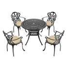 Ensemble de salle à manger d'extérieur 3 ou 5 pièces en fonte d'aluminium avec table ronde de 90 cm et coussins de siège de couleur aléatoire