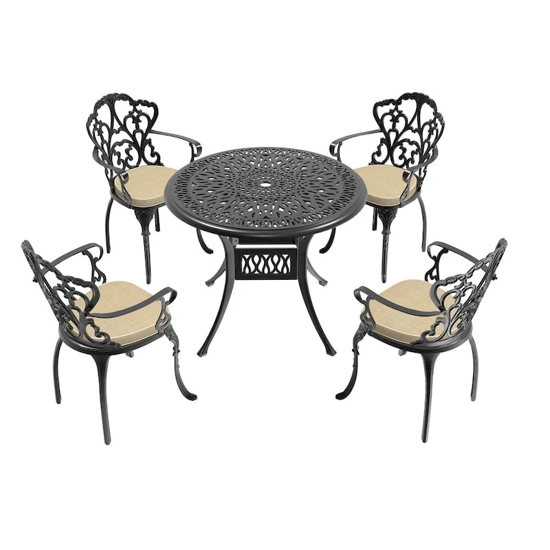 Ensemble de salle à manger d'extérieur 3 ou 5 pièces en fonte d'aluminium avec table ronde de 90 cm et coussins de siège de couleur aléatoire
