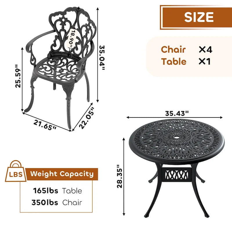Ensemble de salle à manger d'extérieur 3 ou 5 pièces en fonte d'aluminium avec table ronde de 90 cm et coussins de siège de couleur aléatoire