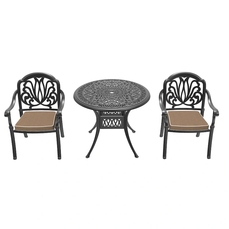 Ensemble de salle à manger d'extérieur 3 ou 5 pièces en fonte d'aluminium avec table ronde de 90 cm et coussins de siège de couleur aléatoire