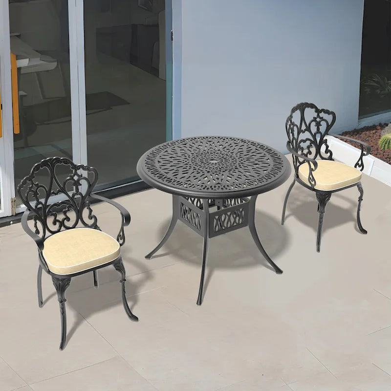 Ensemble de salle à manger d'extérieur 3 ou 5 pièces en fonte d'aluminium avec table ronde de 90 cm et coussins de siège de couleur aléatoire