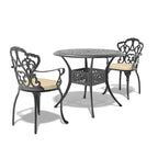 Ensemble de salle à manger d'extérieur 3 ou 5 pièces en fonte d'aluminium avec table ronde de 90 cm et coussins de siège de couleur aléatoire