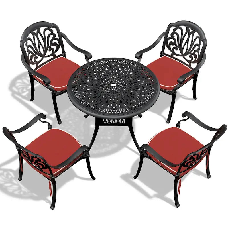 Ensemble de salle à manger d'extérieur 3 ou 5 pièces en fonte d'aluminium avec table ronde de 90 cm et coussins de siège de couleur aléatoire