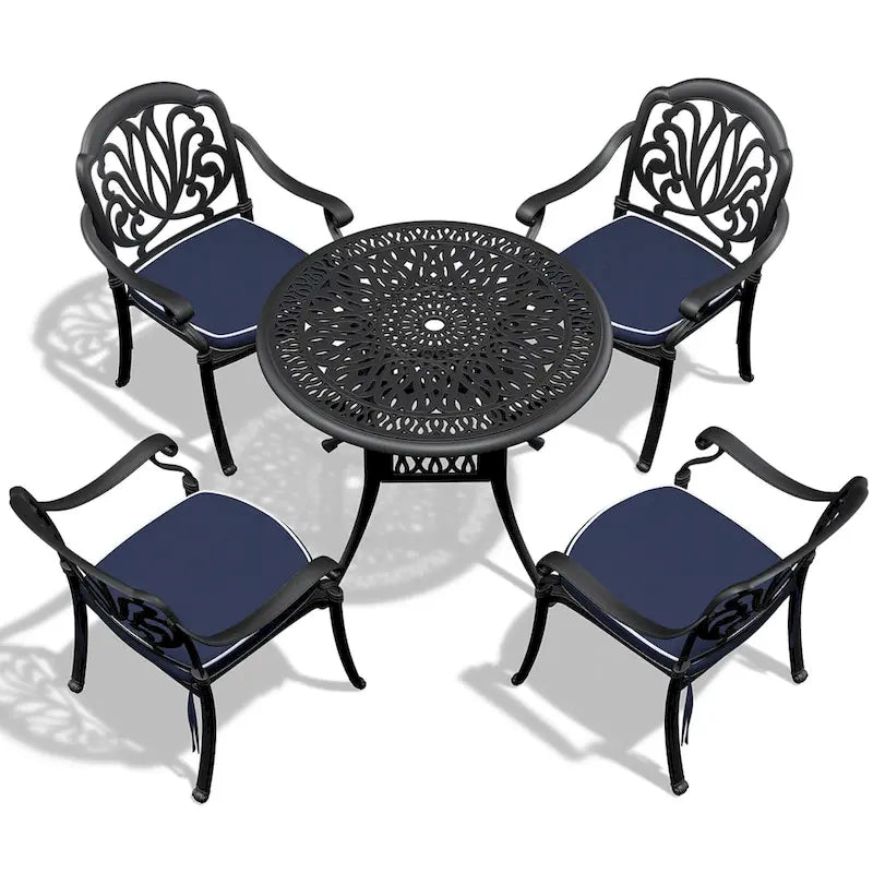 Ensemble de salle à manger d'extérieur 3 ou 5 pièces en fonte d'aluminium avec table ronde de 90 cm et coussins de siège de couleur aléatoire