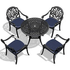 Ensemble de salle à manger d'extérieur 3 ou 5 pièces en fonte d'aluminium avec table ronde de 90 cm et coussins de siège de couleur aléatoire