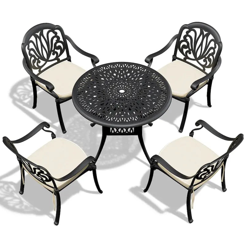 Ensemble de salle à manger d'extérieur 3 ou 5 pièces en fonte d'aluminium avec table ronde de 90 cm et coussins de siège de couleur aléatoire