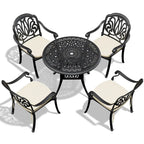 Ensemble de salle à manger d'extérieur 3 ou 5 pièces en fonte d'aluminium avec table ronde de 90 cm et coussins de siège de couleur aléatoire
