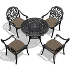 Ensemble de salle à manger d'extérieur 3 ou 5 pièces en fonte d'aluminium avec table ronde de 90 cm et coussins de siège de couleur aléatoire