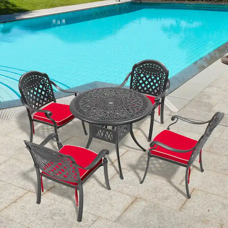 Ensemble de salle à manger d'extérieur 3 ou 5 pièces en fonte d'aluminium avec table ronde de 90 cm et coussins de siège de couleur aléatoire