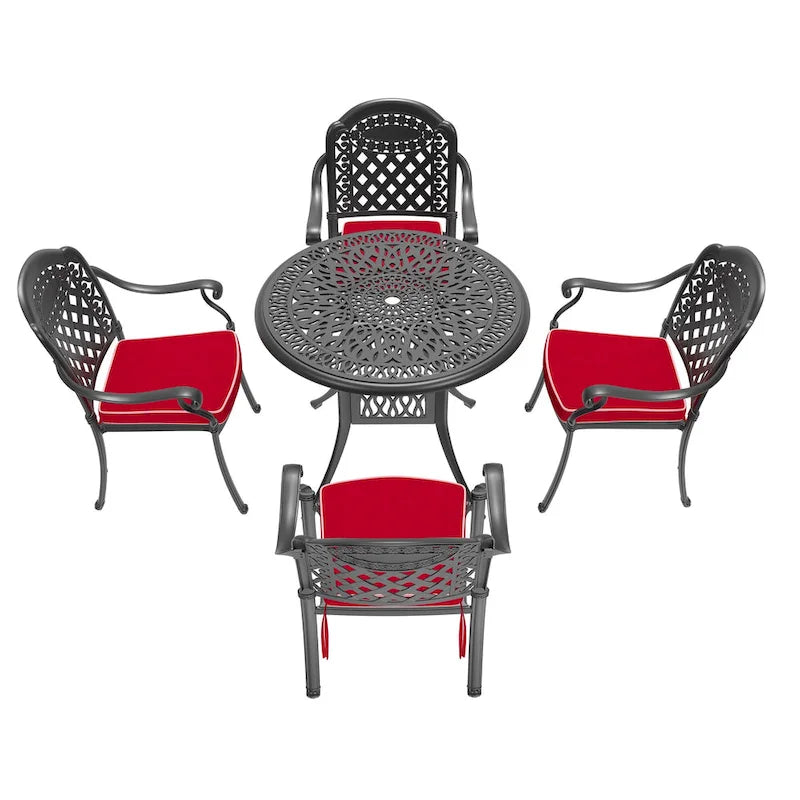 Ensemble de salle à manger d'extérieur 3 ou 5 pièces en fonte d'aluminium avec table ronde de 90 cm et coussins de siège de couleur aléatoire