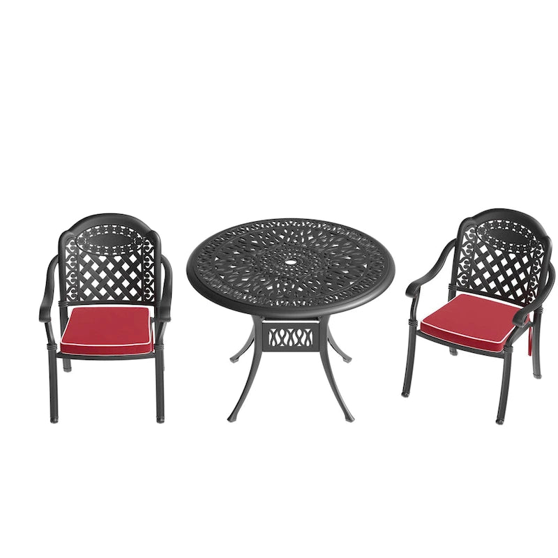 Ensemble de salle à manger d'extérieur 3 ou 5 pièces en fonte d'aluminium avec table ronde de 90 cm et coussins de siège de couleur aléatoire