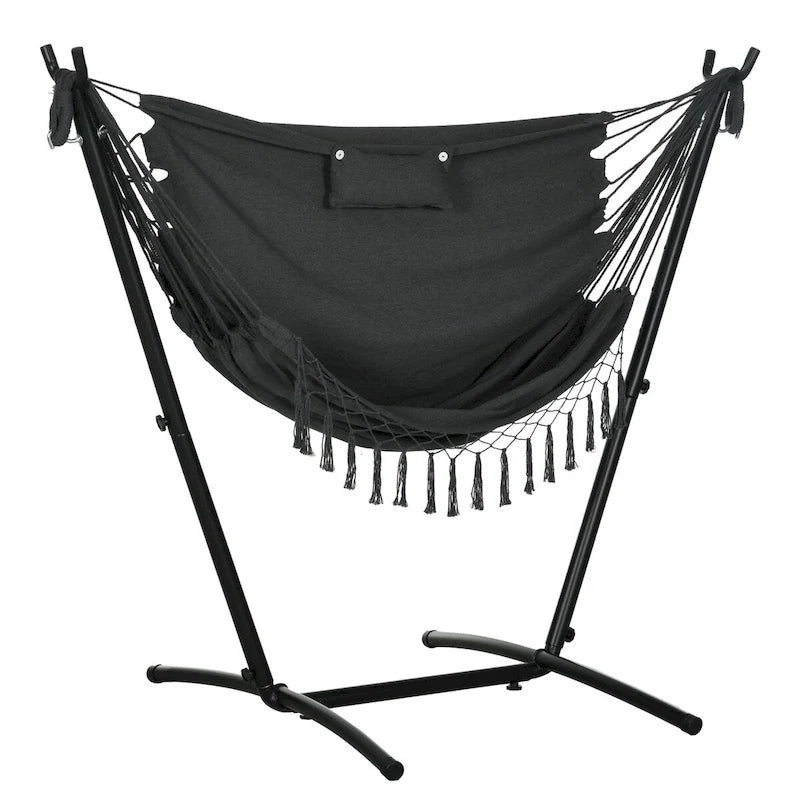 Fauteuil suspendu d'extérieur avec support, balancelle de patio avec poche latérale et appui-tête