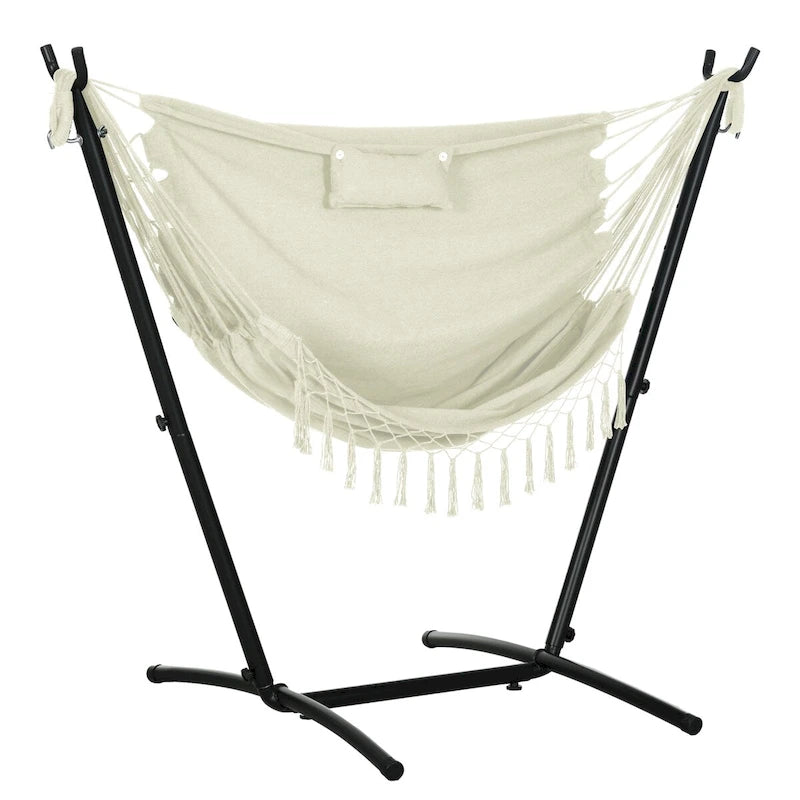 Fauteuil suspendu d'extérieur avec support, balancelle de patio avec poche latérale et appui-tête