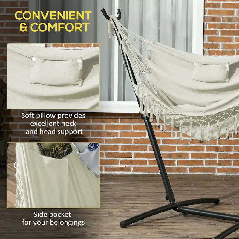 Fauteuil suspendu d'extérieur avec support, balancelle de patio avec poche latérale et appui-tête