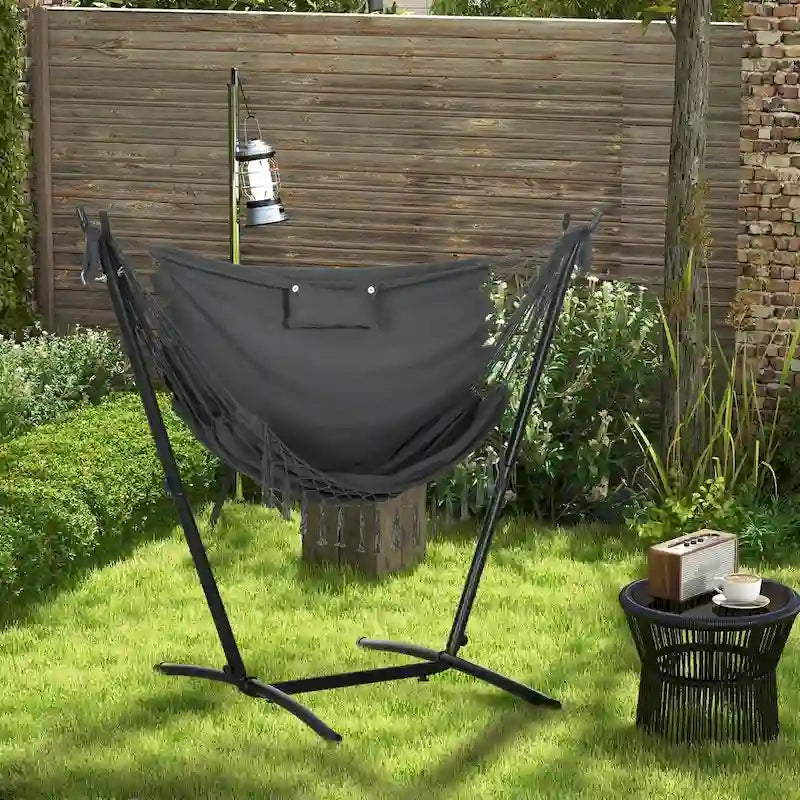 Fauteuil suspendu d'extérieur avec support, balancelle de patio avec poche latérale et appui-tête