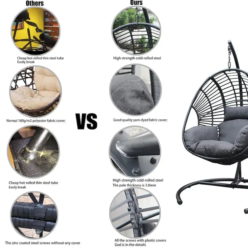 Fauteuil suspendu œuf en résine tressée PE pour l'intérieur et l'extérieur, avec coussin