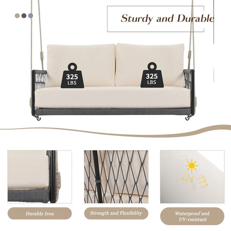 Canapé-balançoire d'extérieur monobloc en corde tressée avec coussins moelleux