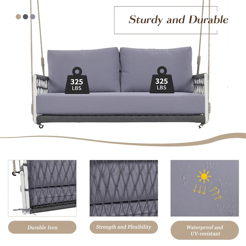 Canapé-balançoire d'extérieur monobloc en corde tressée avec coussins moelleux