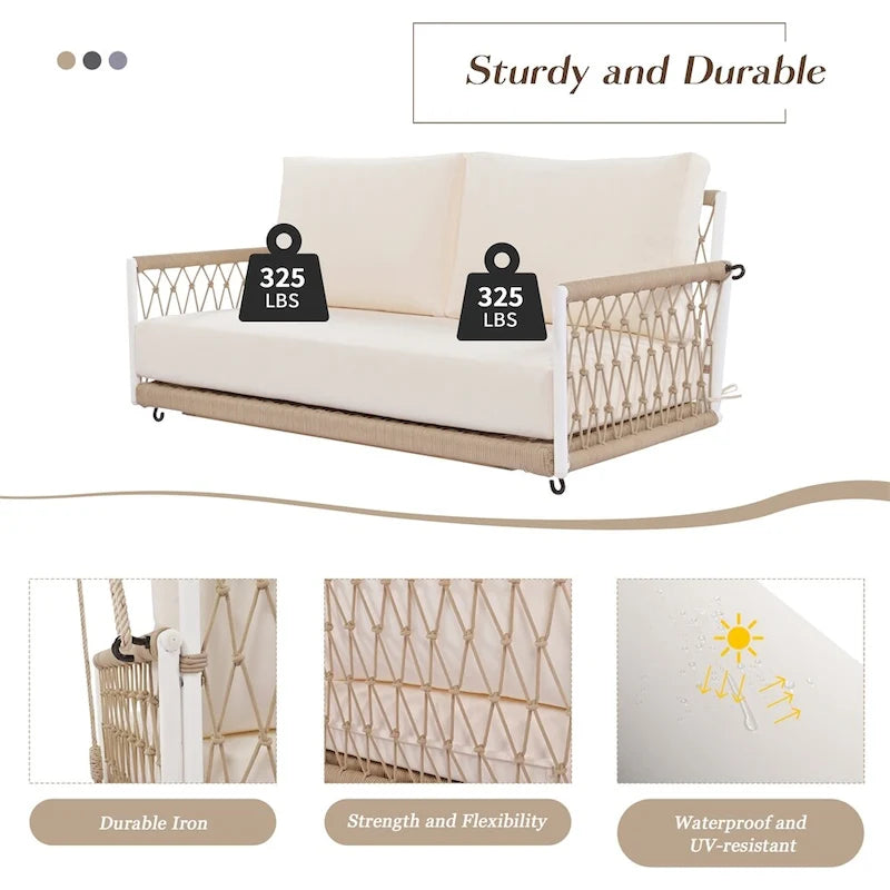 Canapé-balançoire d'extérieur monobloc en corde tressée avec coussins moelleux