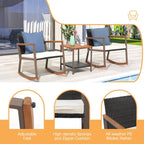 Ensemble de conversation 3 pièces avec fauteuil à bascule d'extérieur, table basse et coussins, idéal pour balcon, terrasse ou piscine.