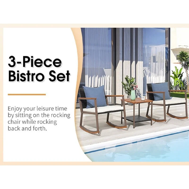 Ensemble de conversation 3 pièces avec fauteuil à bascule d'extérieur, table basse et coussins, idéal pour balcon, terrasse ou piscine.