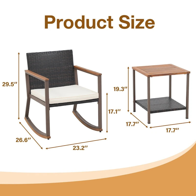 Ensemble de conversation 3 pièces avec fauteuil à bascule d'extérieur, table basse et coussins, idéal pour balcon, terrasse ou piscine.