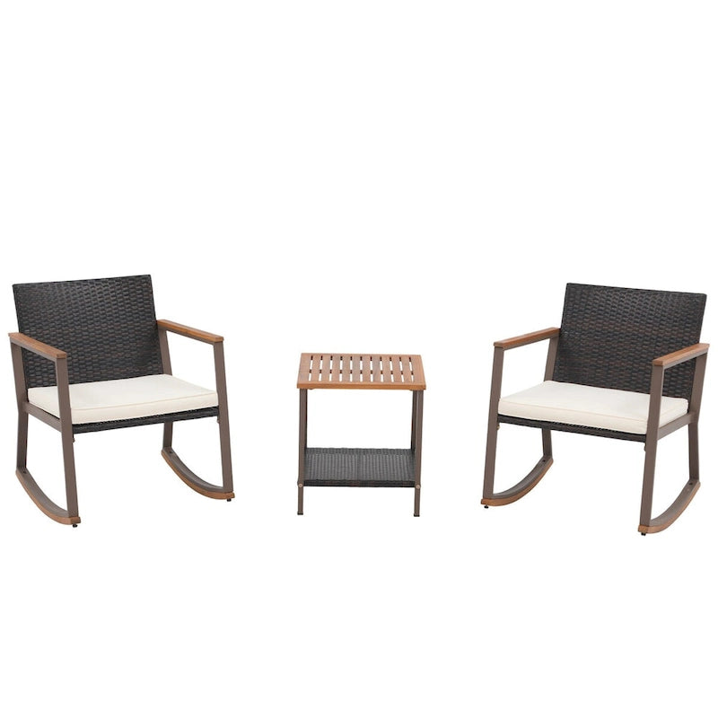 Ensemble de conversation 3 pièces avec fauteuil à bascule d'extérieur, table basse et coussins, idéal pour balcon, terrasse ou piscine.
