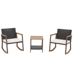 Ensemble de conversation 3 pièces avec fauteuil à bascule d'extérieur, table basse et coussins, idéal pour balcon, terrasse ou piscine.