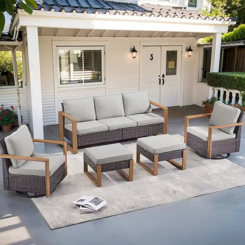 Canapé d'extérieur avec pouf et fauteuils à bascule - Marron