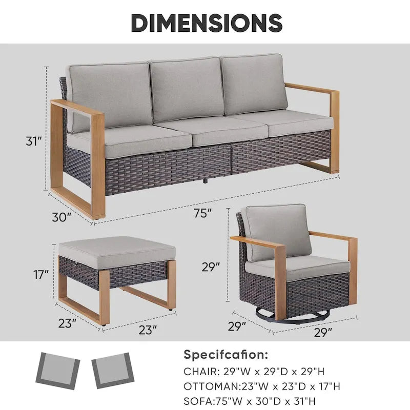 Canapé d'extérieur avec pouf et fauteuils à bascule - Marron