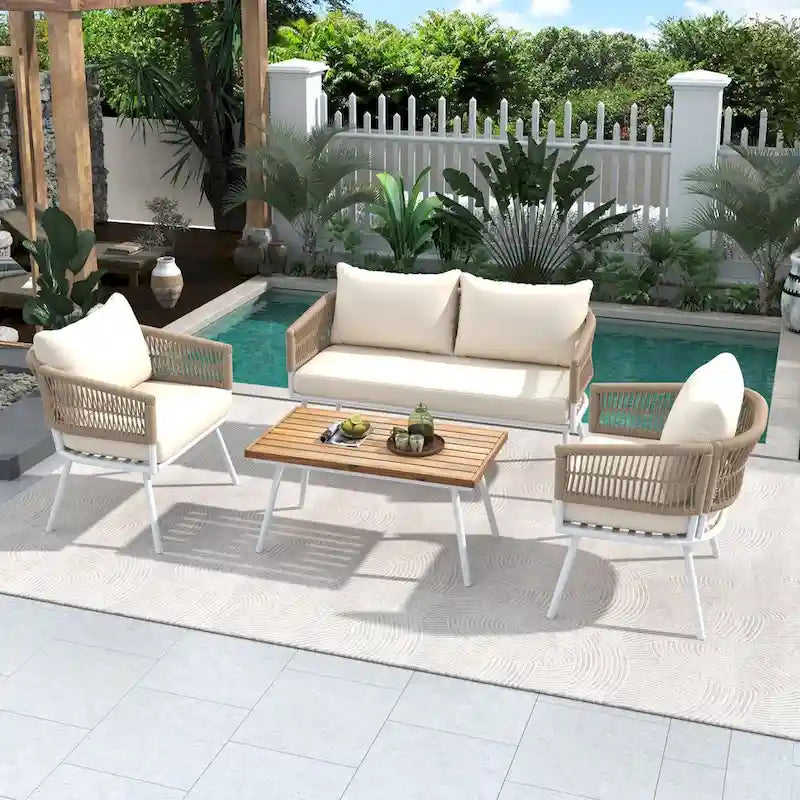 Ensemble de conversation bohème beige 4 pièces pour patio avec table en bois d'acacia, structure en corde PP et métal faite à la main, pieds réglables