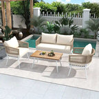 Ensemble de conversation bohème beige 4 pièces pour patio avec table en bois d'acacia, structure en corde PP et métal faite à la main, pieds réglables